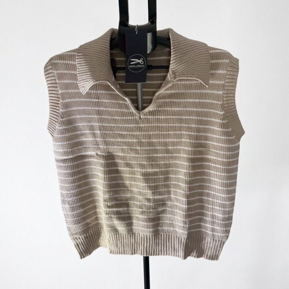 IWOLLENCE Women's Tan Striped Sweater Vest Polo Collar Sleeveless Knit Top